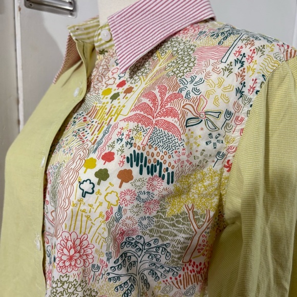 FlatIron Workshop Button-Up Top Sz 3 Long Sleeve Green Pink Trees Stripe Preppy - Picture 5 of 14
